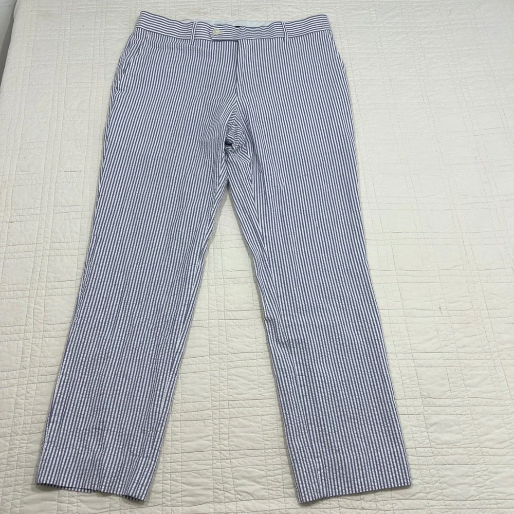 Palm Beach Andrew Mens Blue White Striped Seersucker Cotton Trousers 36R